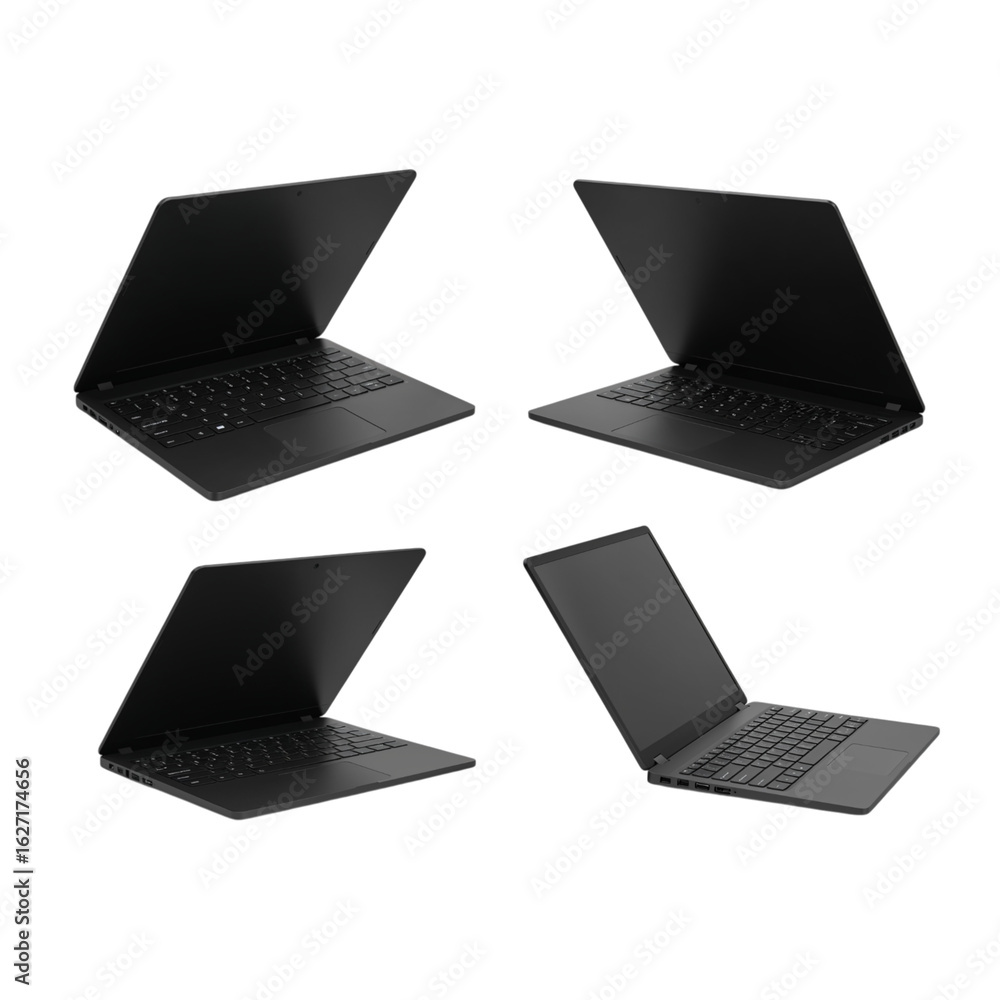 Poster four different angled views of a sleek modern black laptop computer open and ready for use isolated 