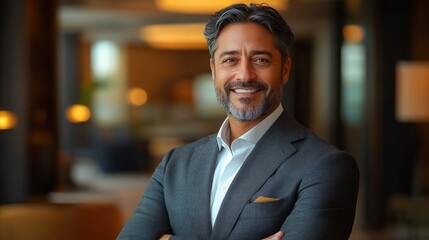 Fototapeta premium man in gray suit jacket and white shirt standing with arms crossed in a warmly lit indoor setting conveying confidence and professionalism