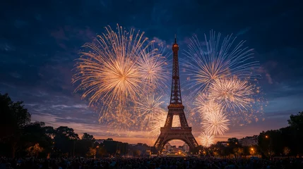 Fototapete Eiffelturm Eiffel Tower Fireworks: A stunning display of fireworks erupts behind the iconic Eiffel Tower, illuminating the night sky with vibrant colors and creating a spectacle of wonder and celebration.  © Wasin Arsasoi