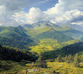 Fototapeta premium Expansive green mountain valley under a bright sky with large white clouds and towering pine trees in the foreground