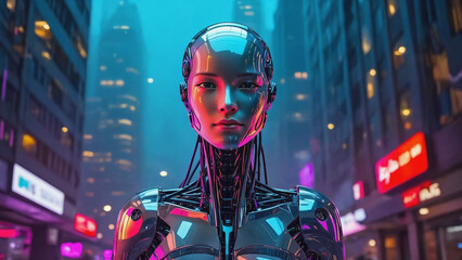 Futuristic Urban Android: A strikingly detailed android, gleaming with a metallic finish, stands confidently against the backdrop of a neon-lit, cyberpunk cityscape.