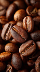 Naklejka premium Aromatic Coffee Beans: A close-up shot of freshly roasted coffee beans, showcasing rich textures and enticing hues, perfect for invoking the sensory experience of a morning brew.