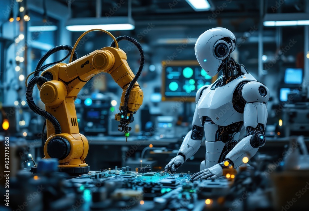 Poster industrial robots working on a circuit board.