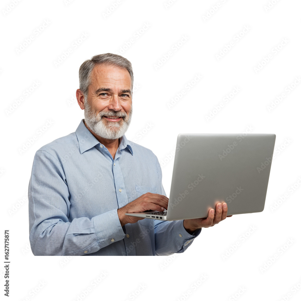 Poster smiling senior man with a gray beard holding and using a modern laptop computer isolated on transpar