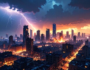 Stormy city ruins at night
