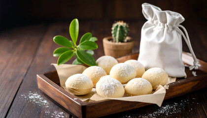 Powdered Sugar Cookies on Wooden Tray with Plants and White Bag, Dark Wood Table