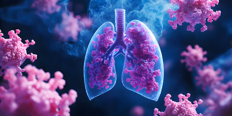 Legionnaires disease bacteria illustration. Artistic representation of human lungs surrounded by virus particles in a dark background