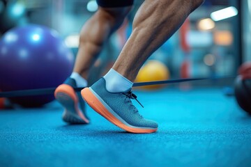 Close-up of a person exercising with resistance bands on blue gym flooring with colorful exercise balls in the background