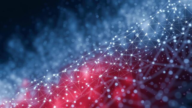 Abstract digital background featuring vibrant network of interconnected nodes and lines in red and blue, representing devsecops in cloud environment