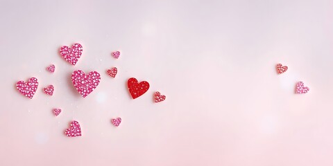 A scattering of pink and red glitter hearts, with one prominent red heart, arranged on a soft, light pink background with subtle bokeh effects, creating a romantic and celebratory feel.