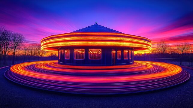 Carousel's Fiery Rings of Light Under a Purple and Pink Sky