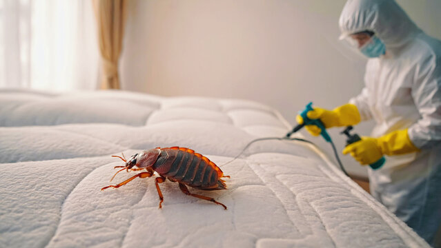 Pest Control: An exterminator in a protective suit prepares to eradicate a bedbug, showcasing a professional and sterile approach.