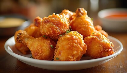 Plate of crispy golden fried chicken drumsticks served with dipping sauces in the background, evoking a warm and appetizing feeling
