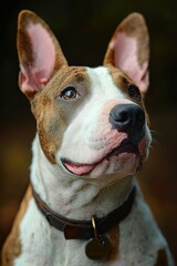 close-up portrait of attentive brown and white dog with erect ears wearing collar against dark background