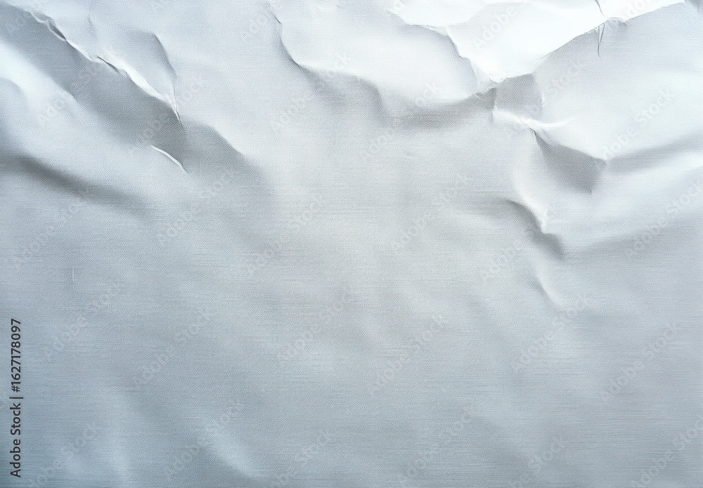Poster close-up of white crumpled and creased fabric texture with soft lighting showing folds and subtle sh