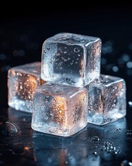 Close-up of four transparent ice cubes stacked on a dark wet surface with water droplets and soft glowing reflections