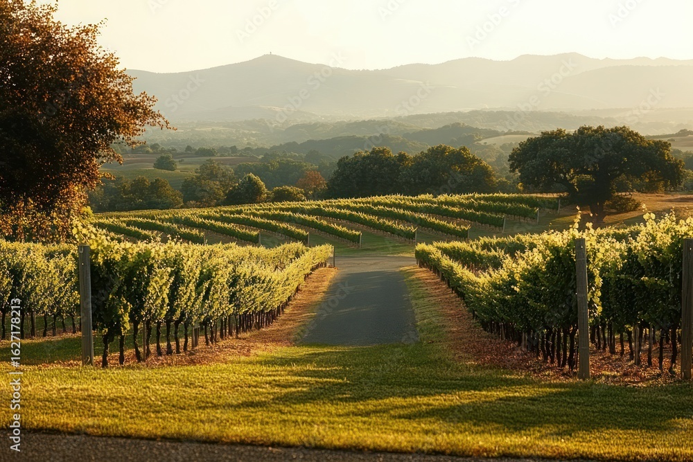 Poster sunlit vineyard rows extend along a paved path with rolling hills and distant mountains under a soft