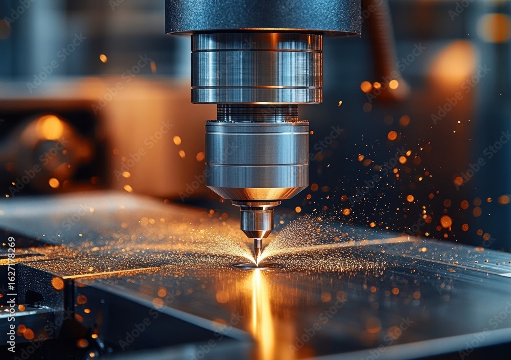 Poster close-up of a precision metal cutting machine tool producing sparks while machining a flat metal sur