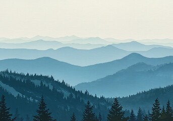 Layers of blue mountains recede into a hazy sky above a dark evergreen forest.