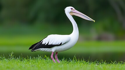 Fototapeta premium White Pelican in Lush Green Grass