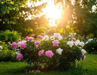 Lush peonies in a sunlit garden