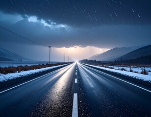 Stormy night road through snowy landscape
