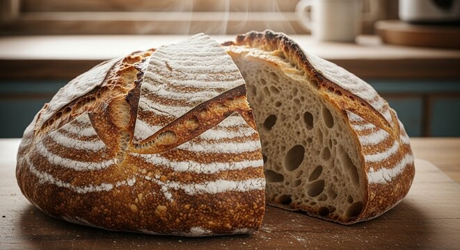 Close-up of freshly baked sourdough bread sliced on a wooden cutting board with visible steam, concept for culinary presentation, recipe demonstration and artisanal bakery promotions.