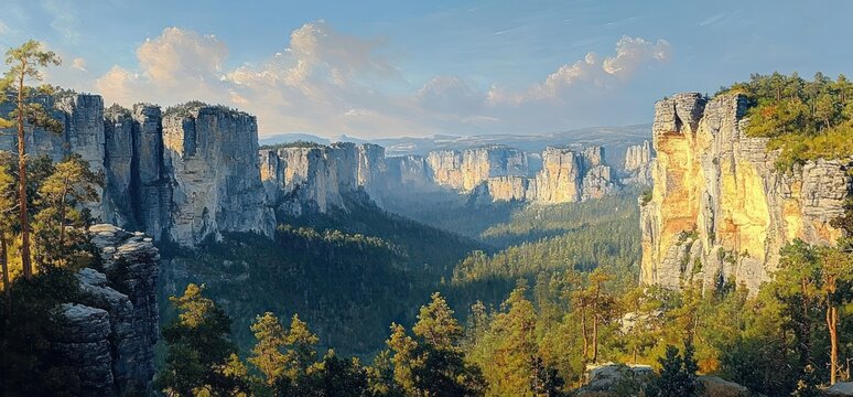 Majestic rocky canyon landscape with towering cliffs bathed in soft sunlight under partly cloudy blue sky surrounded by lush green forest - Powered by Adobe
