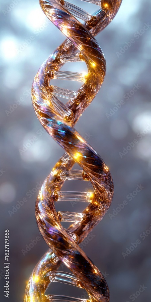 Poster close-up of a glowing, translucent, golden dna double helix structure with a blurred bokeh backgroun