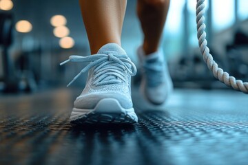 Close-up of a person wearing sports shoes walking indoors on textured flooring with a coiled rope hanging nearby in a gym environment