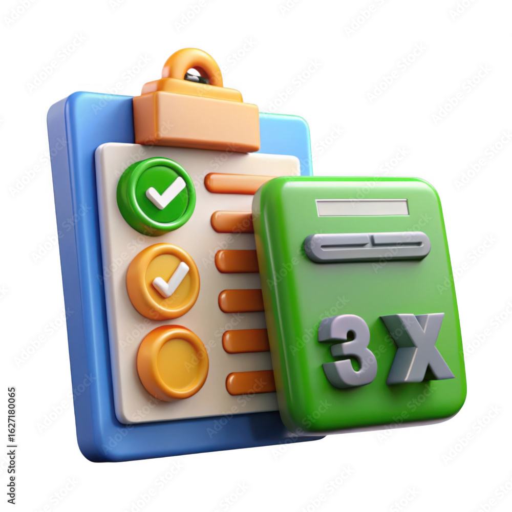Poster 3d illustration of a checklist with completed tasks and a calculator isolated on transparent backgro