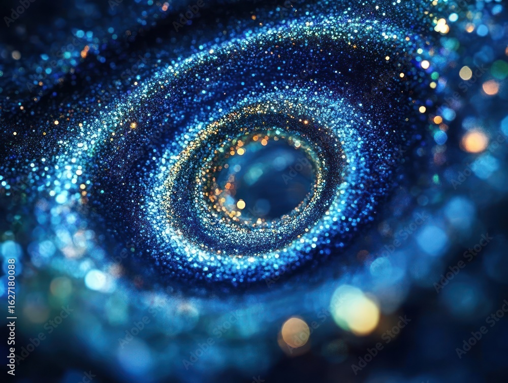 Poster close-up view of swirling blue glitter and sparkles forming a vortex-like spiral with shimmering lig