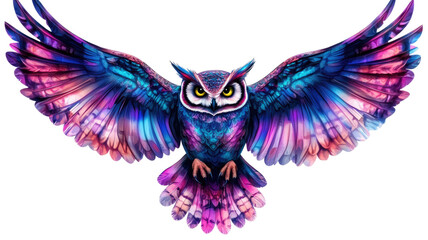 Obraz premium Owl mid-flight with wide wings and vibrant feathers 3D illustration on white background