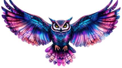 Owl mid-flight with wide wings and vibrant feathers 3D illustration on white background