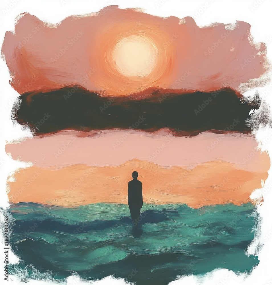 Poster silhouette of a person standing in calm waters under a large glowing sun with blurred layers of warm