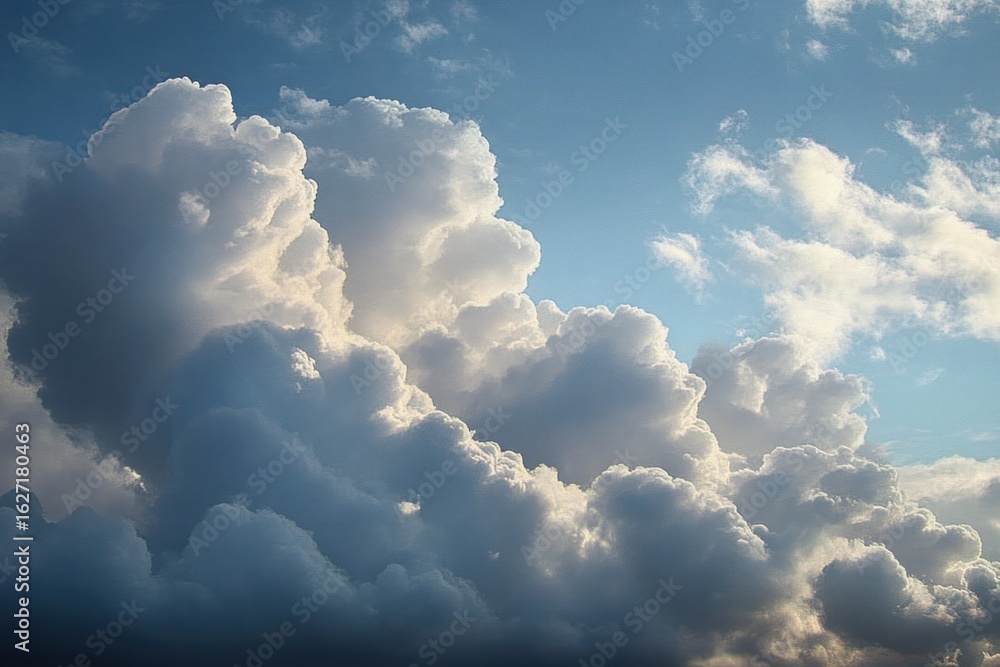 Poster massive fluffy clouds illuminated by sunlight against a blue sky with scattered smaller clouds creat