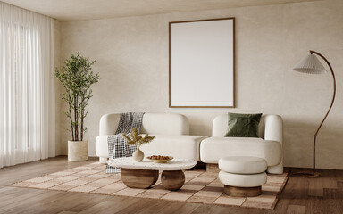 Elegant minimalist living room with blank vertical frame and cozy white sofa in natural light