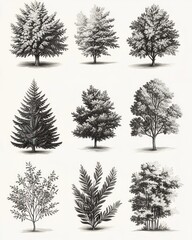 Nine detailed black and white sketches of various tree types arranged in a grid showing diverse leaf shapes and branch patterns