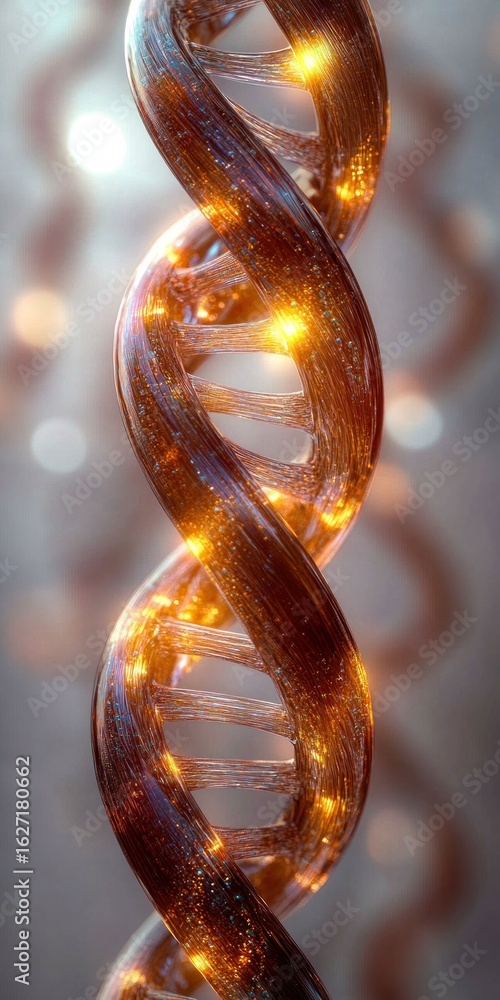 Poster close-up of a glowing golden dna double helix structure with bright light reflections and a smooth b