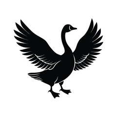 Black silhouette of a goose with wings spread wide on a white background vector