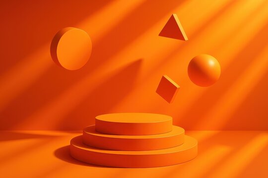Vibrant sunset orange geometric podium with floating elements and warm lighting for energetic product launches