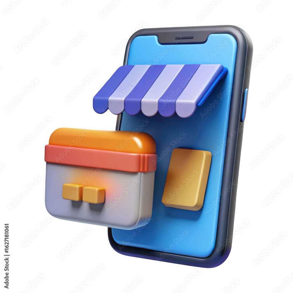 Poster 3d rendering of a smartphone displaying an online store with a shopping cart isolated on transparent
