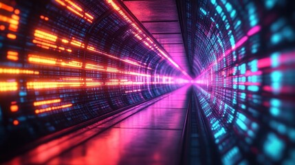 Futuristic digital tunnel illuminated with vibrant neon lights in orange, pink, and blue, creating a sense of motion and depth, evoking a high-tech and immersive atmosphere