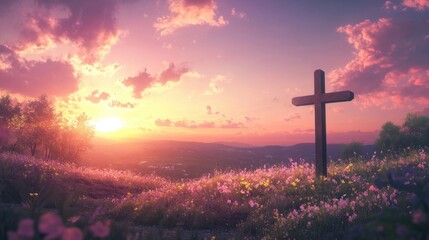 Fototapeta premium Sunset Cross Hilltop Bloom.