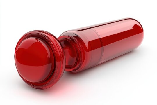 Red capsule with a button top, lying on a plain white background.
