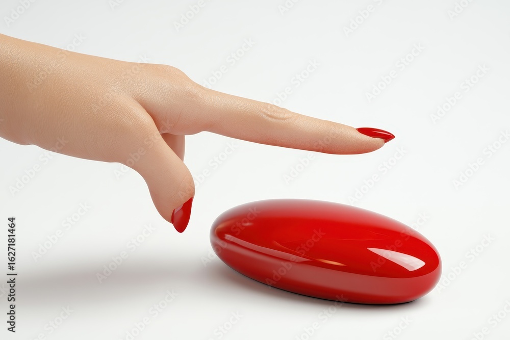 Aufkleber close-up of a hand pointing at a red button.