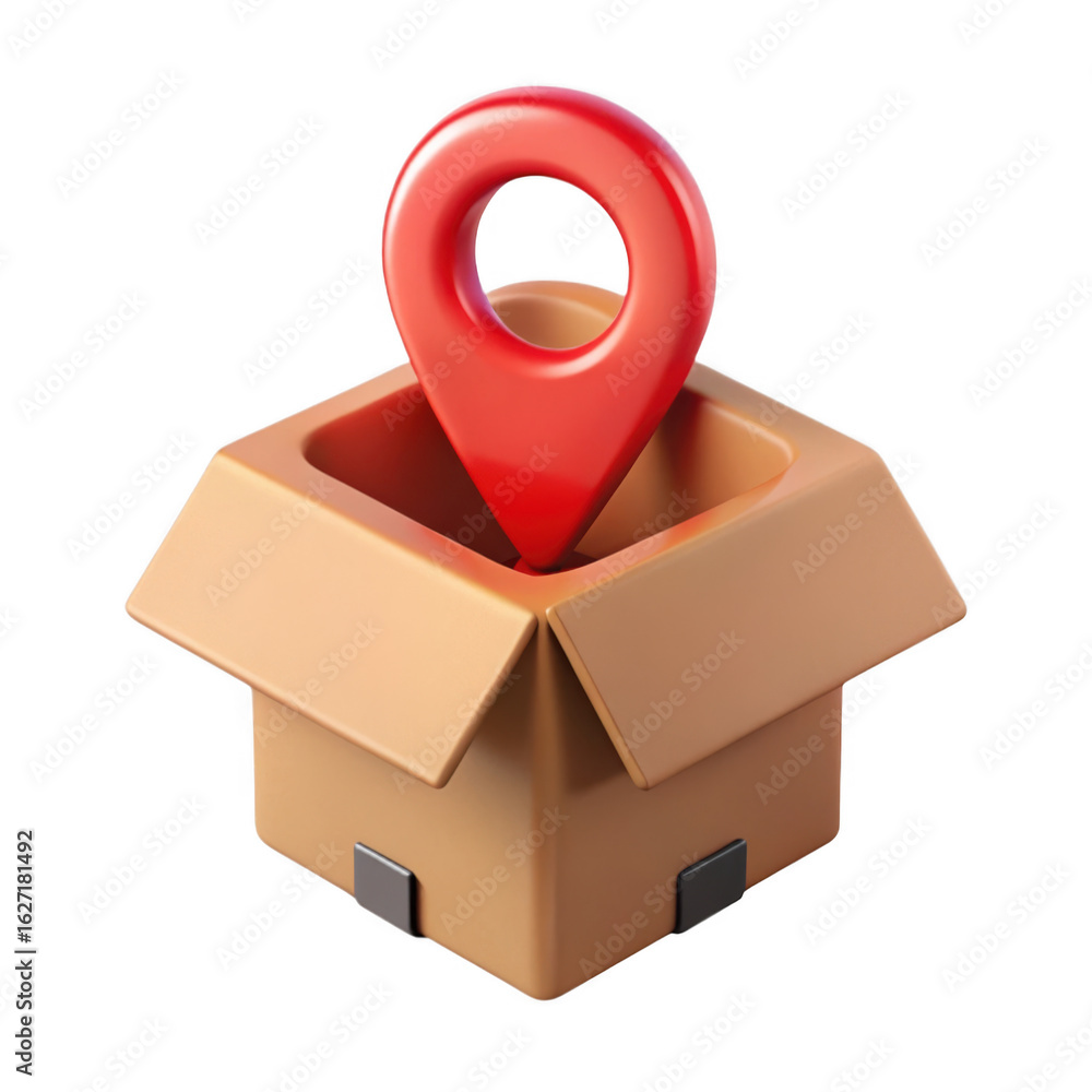 Poster red location pin emerging from an open cardboard shipping box isolated on transparent background