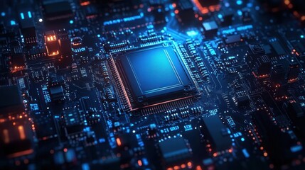 Fototapeta premium Close-up of a glowing electronic circuit board with microchips and illuminated blue and orange lights conveying advanced technology and innovation