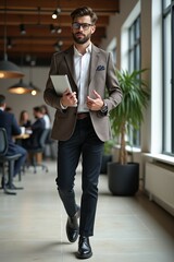 A confident entrepreneur walking through coworking space holding tablet, stylish outfit and decisive gesture