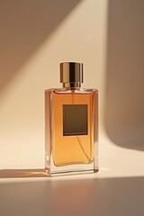 An elegant product shot of high-end perfume bottle on matte surface, soft shadows and gold label detail